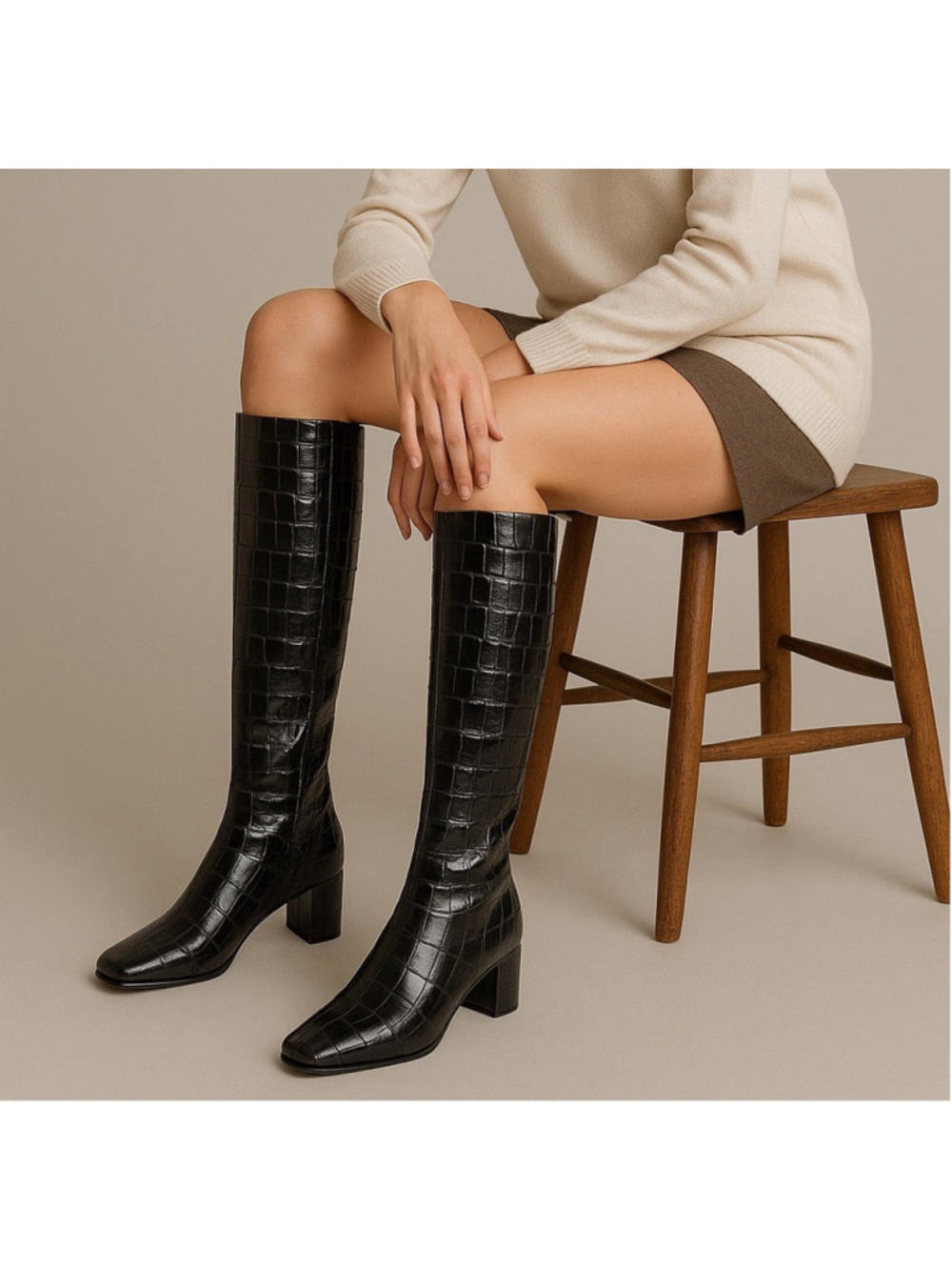 Sigerson Morrison Black Croc-Embossed Leather Knee Boots
